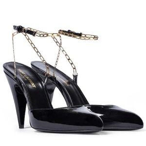 Saint Laurent Kika 95 Pointed Toe Chain Strap High Heel Pumps in Black